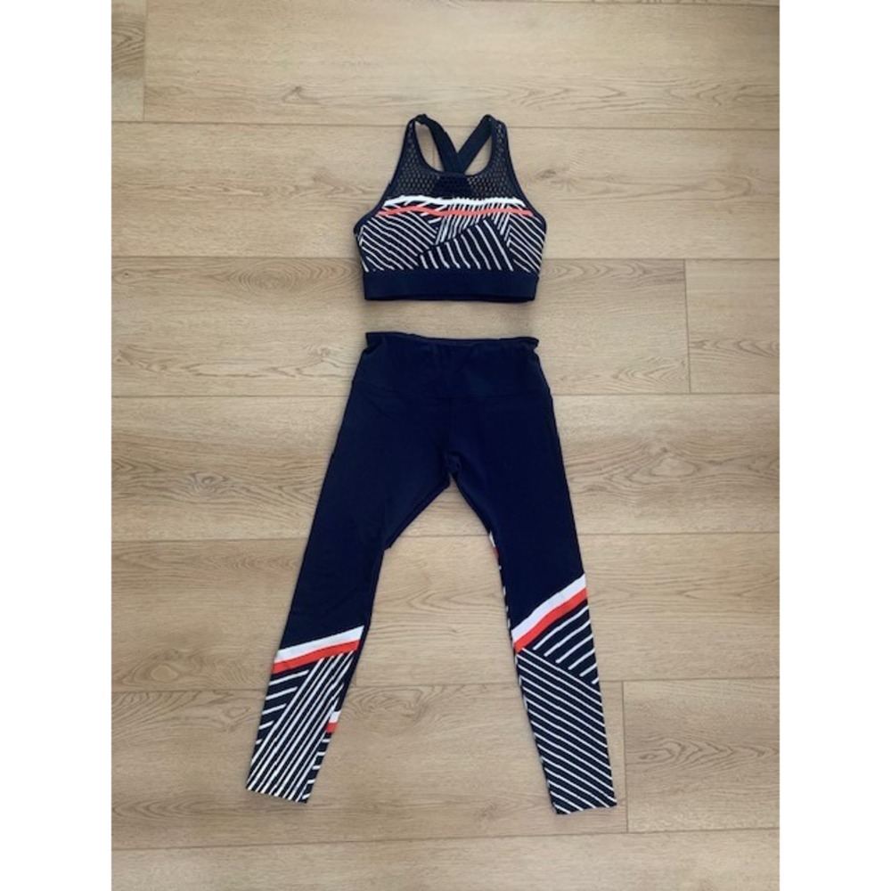 Lorna Jane Black Red White Striped Leggings & Sports Bra Set